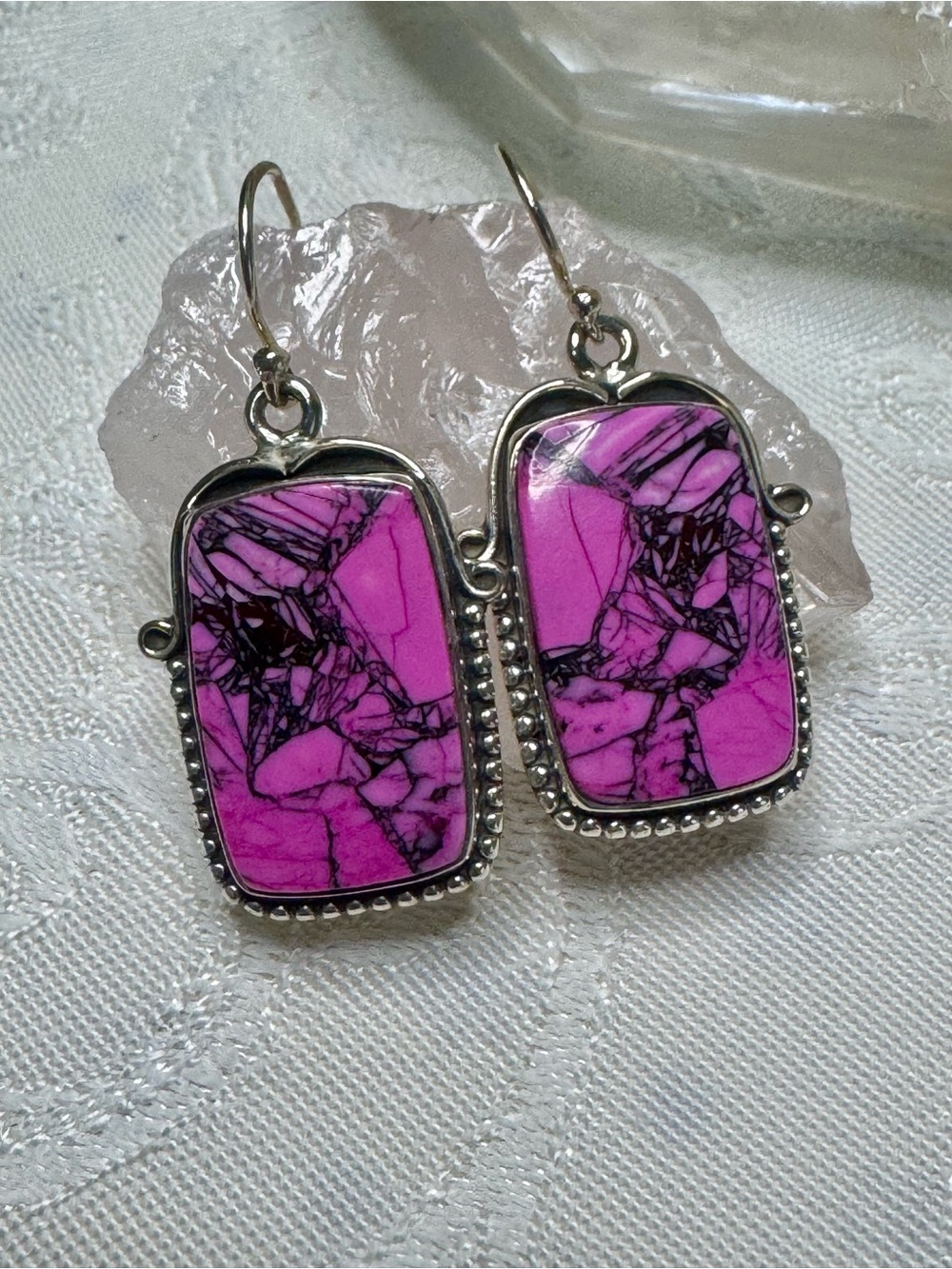 Kingman Cherry Blossom Dahlia Magenta Stone Drop Earrings in Sterling Silver